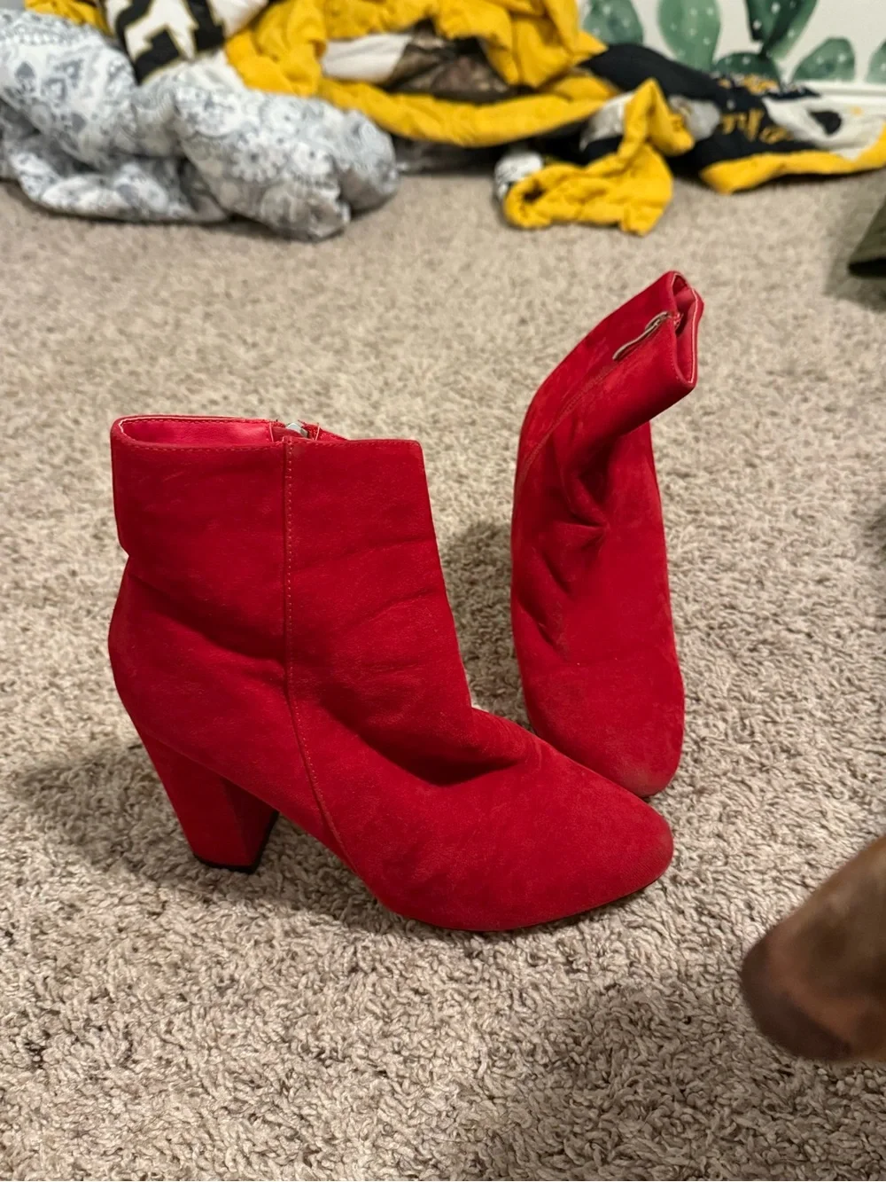 PrettyLittleThing Red Suede Block Heel Ankle Boots